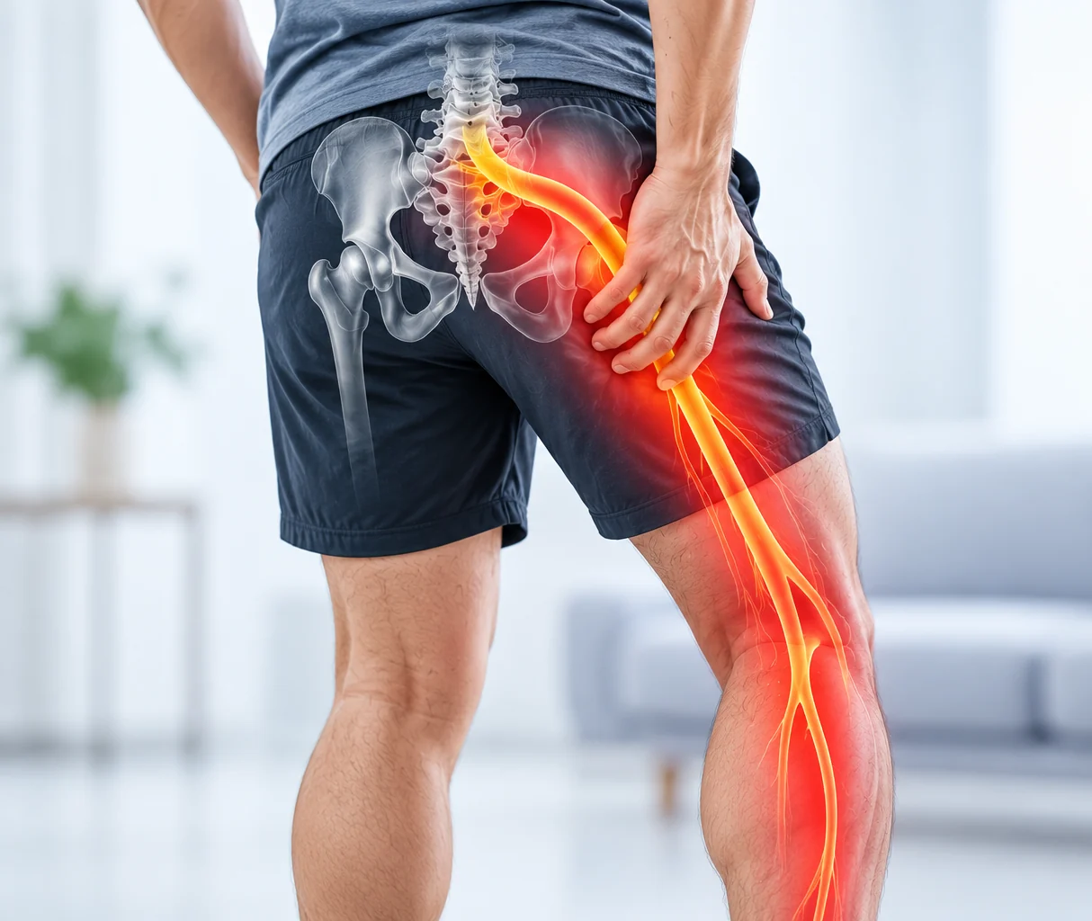 Illustration of sciatic nerve pain extending down the leg