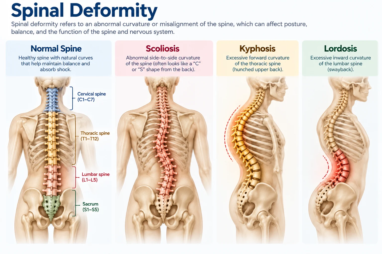 Medical illustration comparing normal spine, scoliosis, kyphosis, and lordosis